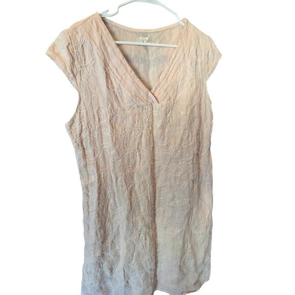 Lina Tomei Italian Linen Dress L Womens Embroidered Sequin Design Light Pink - Picture 2 of 5